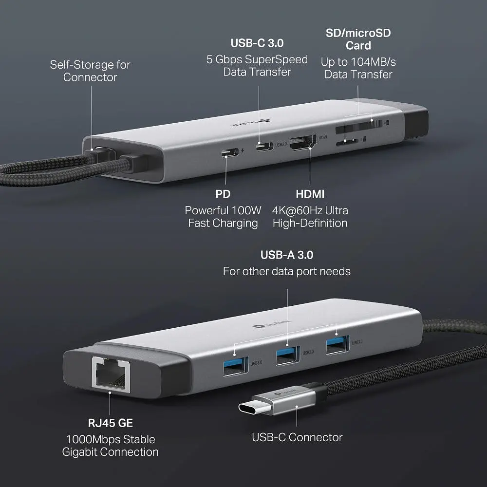 TP-Link Хаб USB UH9120C USB-C > 3xUSB3.0/1xUSB-C/xHDMI/1xRJ45/1xSD/1xmicroSD/1xPD 100Wh - фото 5