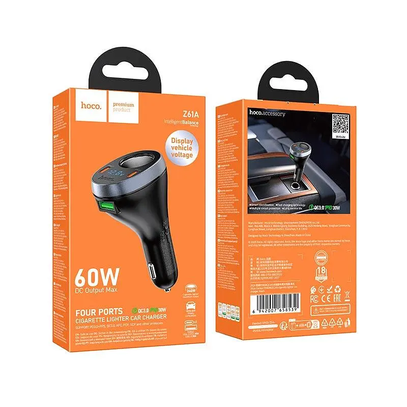 Адаптер автомобильный HOCO Correct cigarette lighter car charger Z61A | 2Type-C/1USB/1DC, 60W, PD/QC| - фото 2