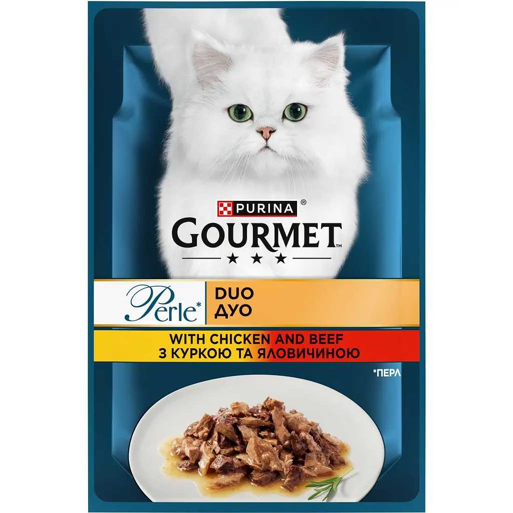 Упаковка вологого корму для котів Gourmet Perle Duo з яловичиною та куркою 2.21 кг (85 г х 26 шт.) - фото 2