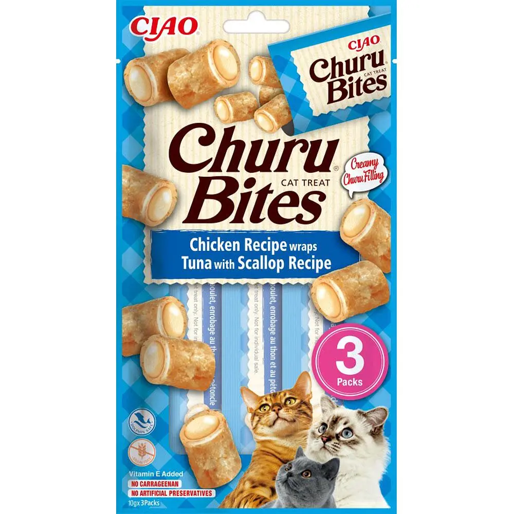 Ласощі для котів INABA Churu Bites подушечки курка, тунець та морський гребінець 3 шт по 10 г