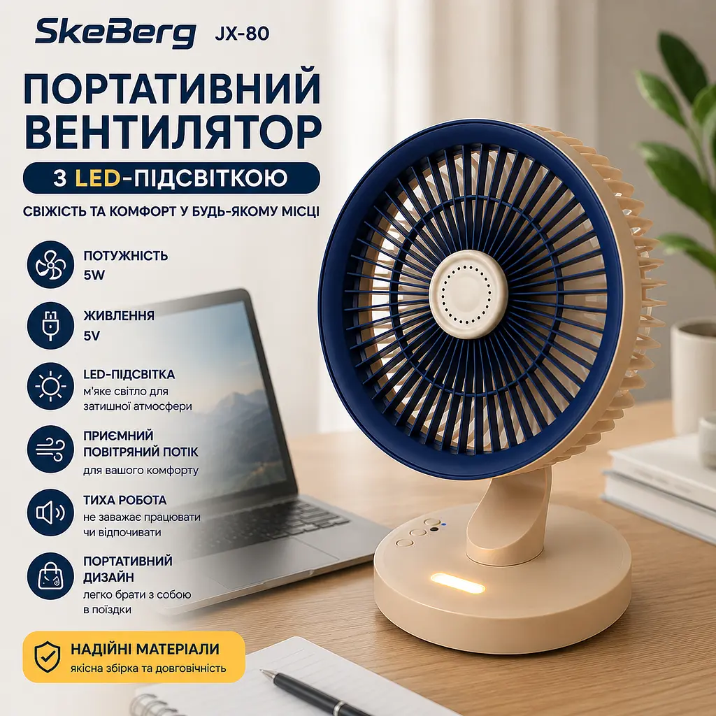 Портативний вентилятор SkeBerg JX-80 з LED-підсвіткою • Настільний мінівентилятор 5 Вт для дому, офісу, поїздок і відпочинку - фото 2