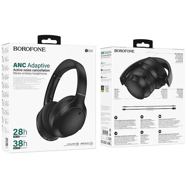 Беспроводные наушники Borofone BO31 Prestige active noise reduction BT headphones, BT5.4, ANC, AUX, BT, 400mAh, 38h Max, black - фото 3
