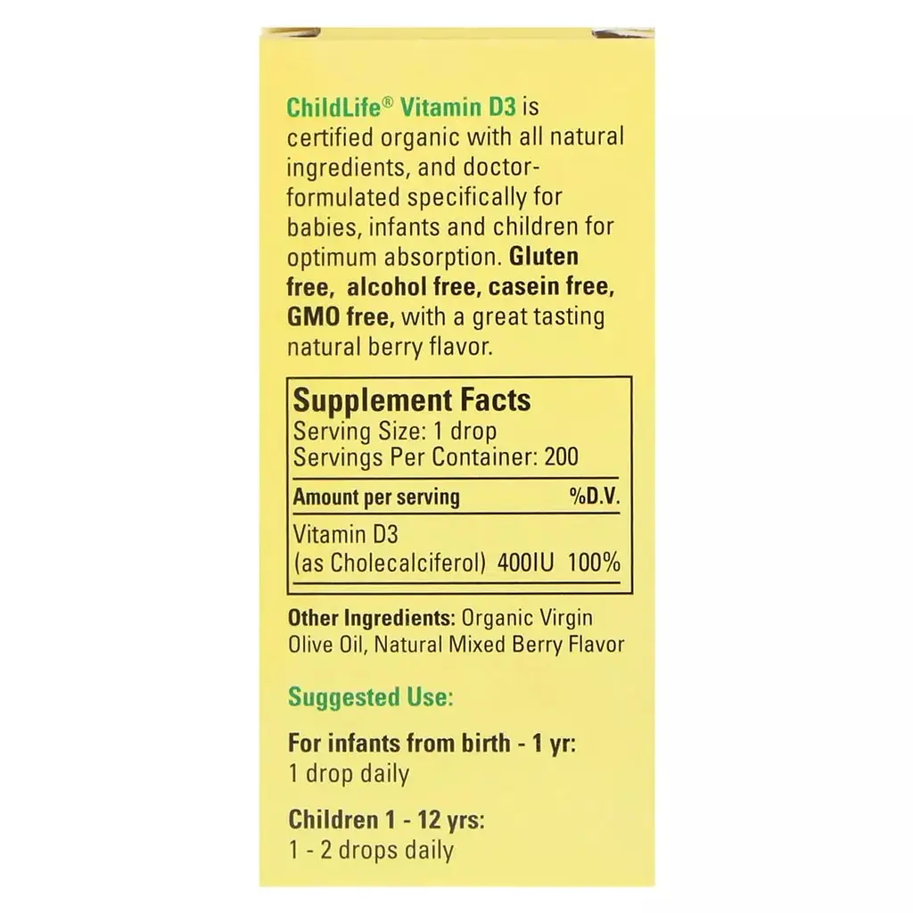 Рідкий вітамін D3 для дітей ChildLife Organic Vitamin D3 Drops 400 МЕ зі смаком ягід 6.25 мл - фото 3