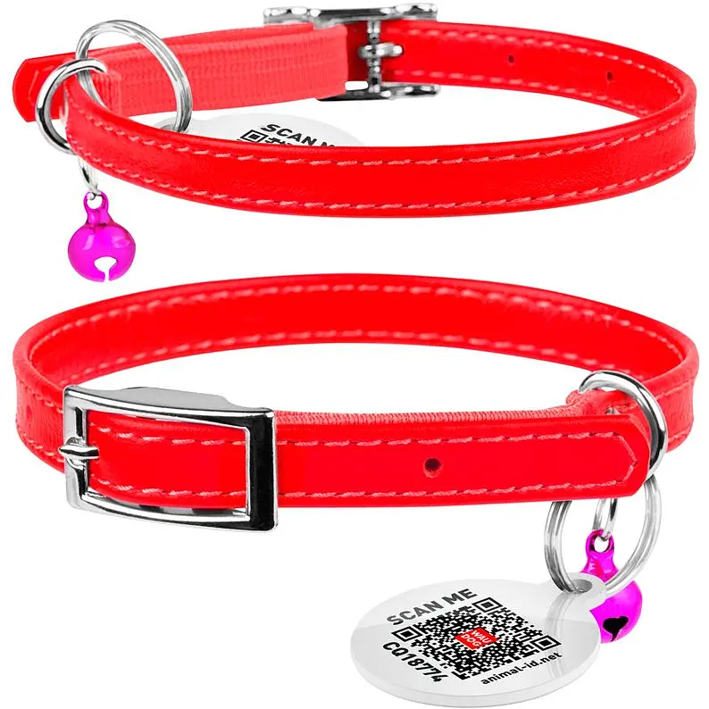 Ошейник для кошек Waudog Glamour кожаный с эластичной вставкой и QR паспортом 17-20х0.9 см красный - фото 3