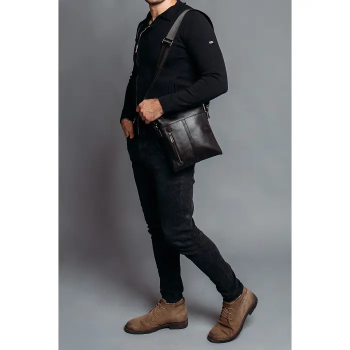 Сумка чоловіча шкіряна чорна Tiding Bag 80261A через плече пласка - фото 5