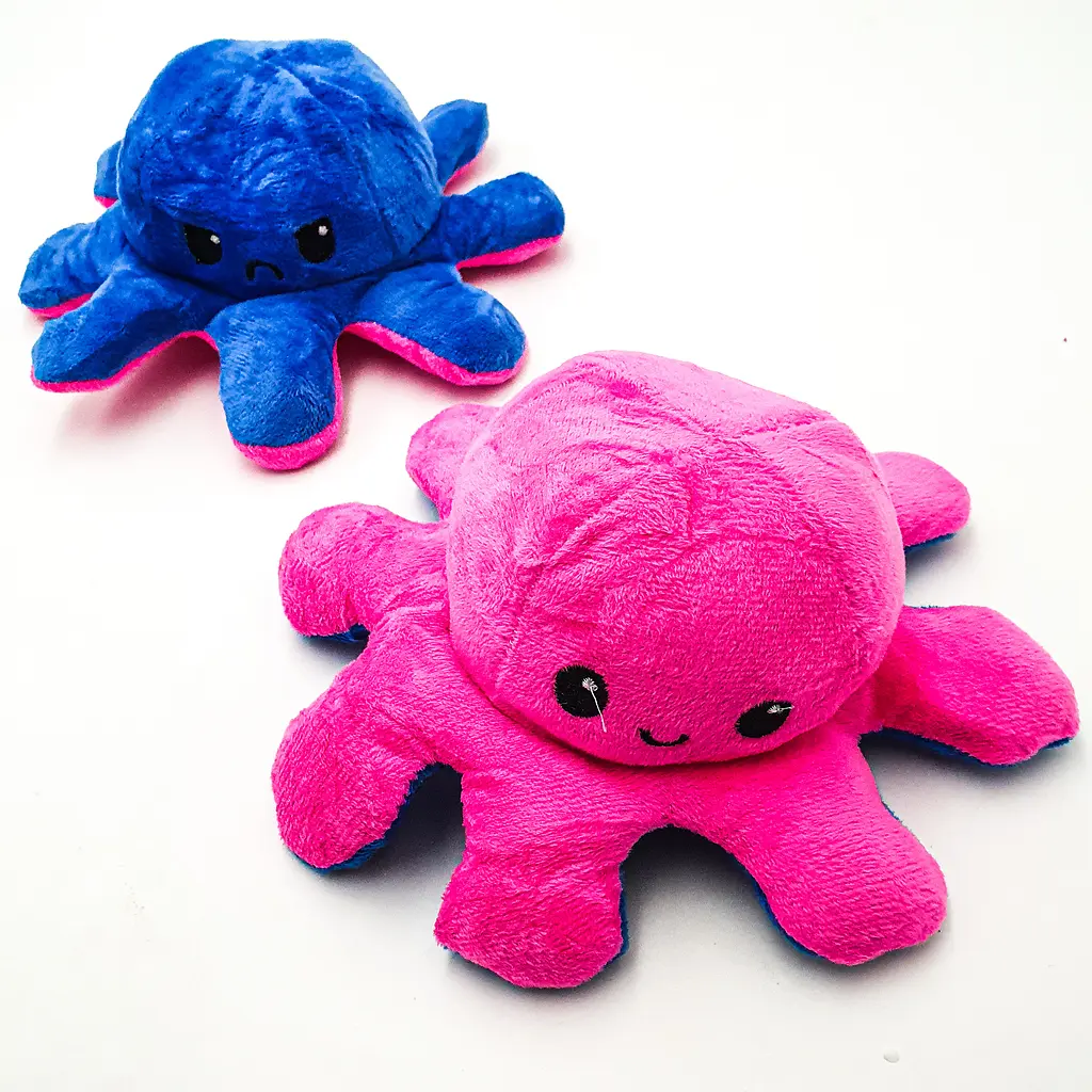 М'яка іграшка Восьминіг перевертень двосторонній веселий сумний Mood Octopus 20 см UKC малиново/синій - фото 2