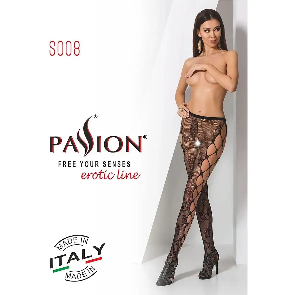 Еротичні колготки-бодістокінг Passion S008 Black, ажурні колготки з вирізом та лампасами-сіткою - фото 7