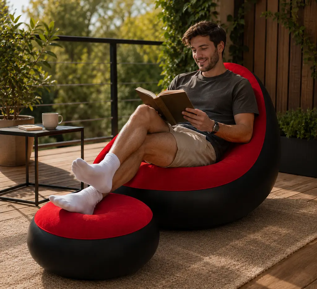 Надувний диван з пуфом Air Sofa / Надувне велюрове крісло з пуфом+насос Червоний - фото 2