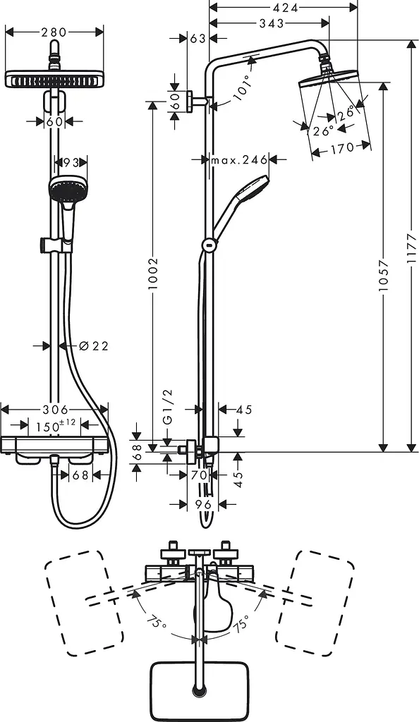 Душевая система Hansgrohe Croma E Showerpipe 280 1jet EcoSmart с термостатом 27660000, Хром - фото 2