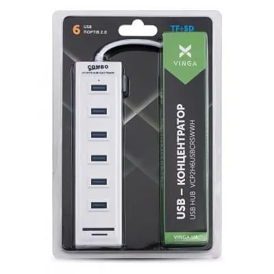 Концентратор Vinga 6xUSB2.0 + card-reader with switch 0.8m (VCP2H6USBCRSWWH) - фото 3