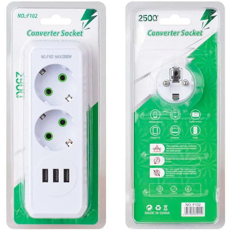 Розетка-подрібнювач із заземленням Voltronic F-102 White, 2 розетки + 3 USB (1 А), 2500 W, 10A, 110-250V - фото 2