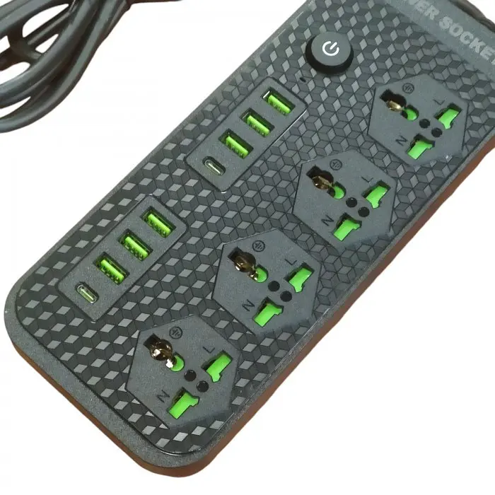 Мережевий подовжувач фільтр чорний на 4 розетки та 6 USB 3.4A та 2 Type-C Power Socket J08 - фото 3