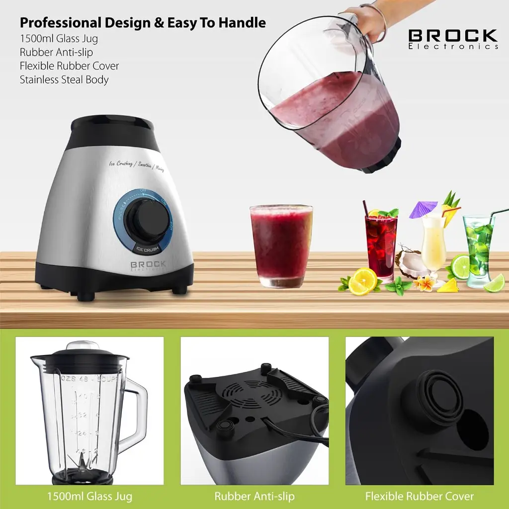 Блендер BROCK BL 1502 SS стаціонарний 500Вт/скляна чаша 1,5л/PULSE/2 швидк./дроблення льоду/метал (BL 1502 SS) - фото 3