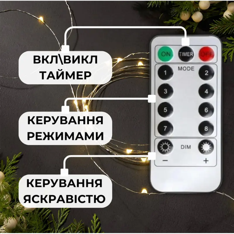 Світлодіодна LED гірлянда мережева Роса із пультом керування 120 м 1200 LED діодів новорічна вулична кімнатна 8 динамічних режимів захист IP44 дріт зелений колір світла Теплий Білий - фото 6