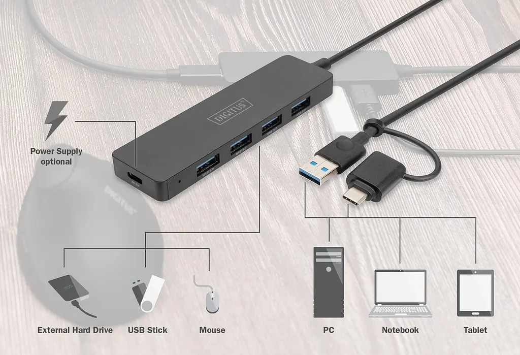 Digitus Хаб DIGITUS USB-A/C > 4хUSB-А, 1,2 м, активний (опція) - фото 4