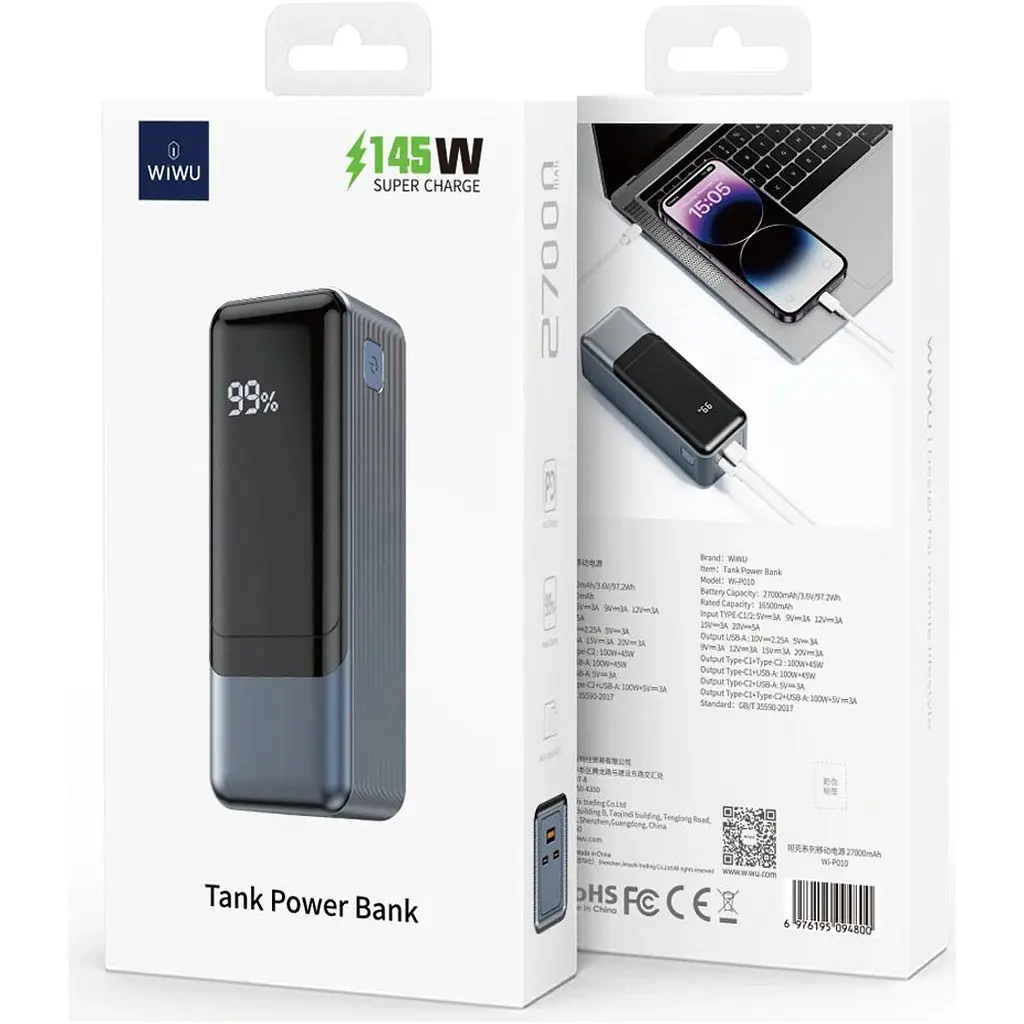Внешний аккумулятор Wiwu Wi-P010 Large Capacity Tank Series 27000mAh 145W Grey [133062] - фото 8