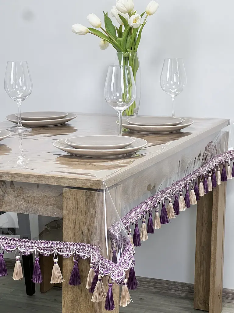 Скатерть силиконовая с фиолетово-молочной бахромой 360х200 см - фото 3
