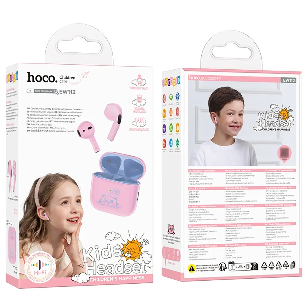 Беспроводные TWS наушники Hoco EW112 вкладыши детские, BT5.4, 30mAh, 200mAh, 4h, pink - фото 3