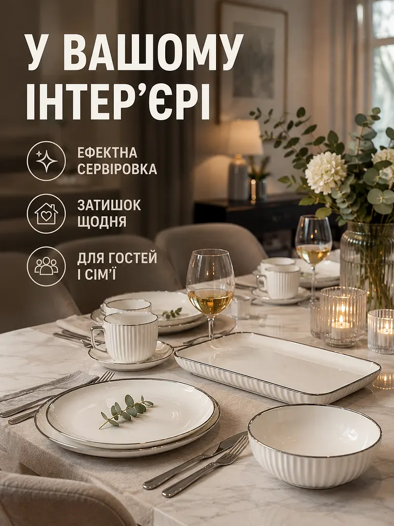 Столовий сервіз фарфоровий на 6 персон 32 предмети молочно-білий зі срібною окантовкою (49676211) - фото 4