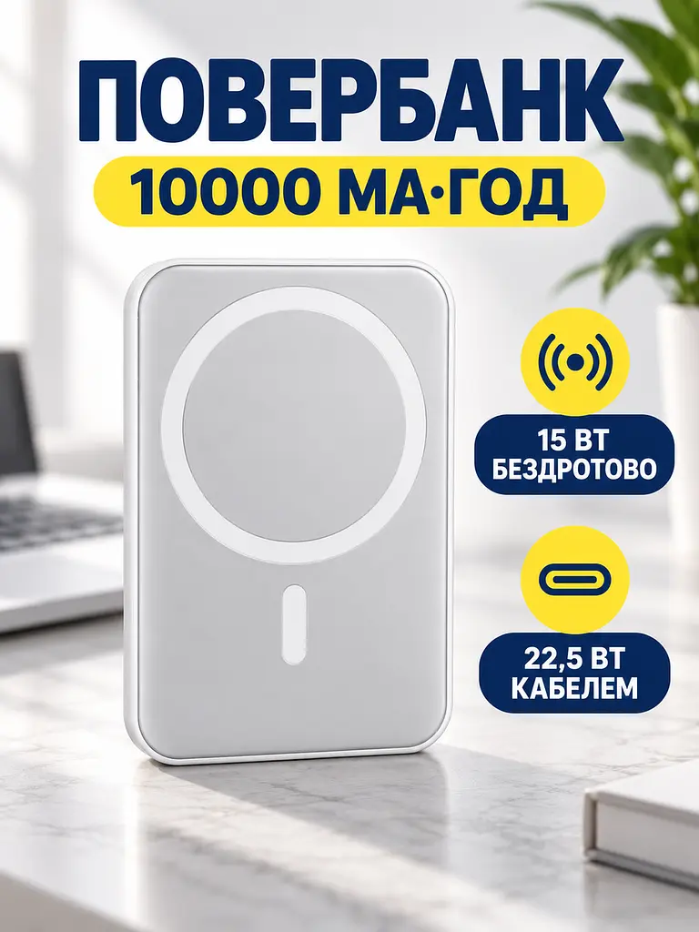 Повербанк 10000 мА·год магнітний з бездротовою зарядкою 15 Вт, зовнішній акумулятор зі швидкою зарядкою 22,5 Вт, білий (49676395) - фото 3