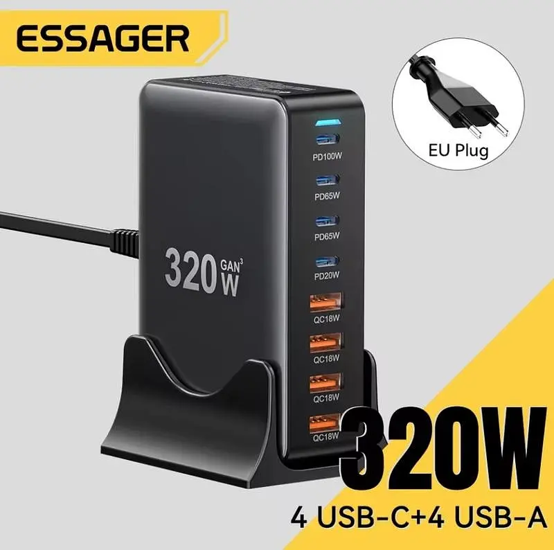 Зарядный адаптер блока питания Essager 320 W GaN YMX-320 4U+4C (8 выходов) - фото 5