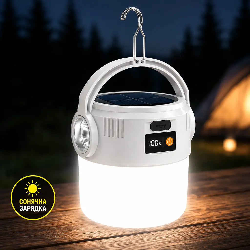 Кемпінговий ліхтар 2-в-1 на сонячній батареї та USB, 360° LED, з підвісом і дисплеєм заряду - фото 10