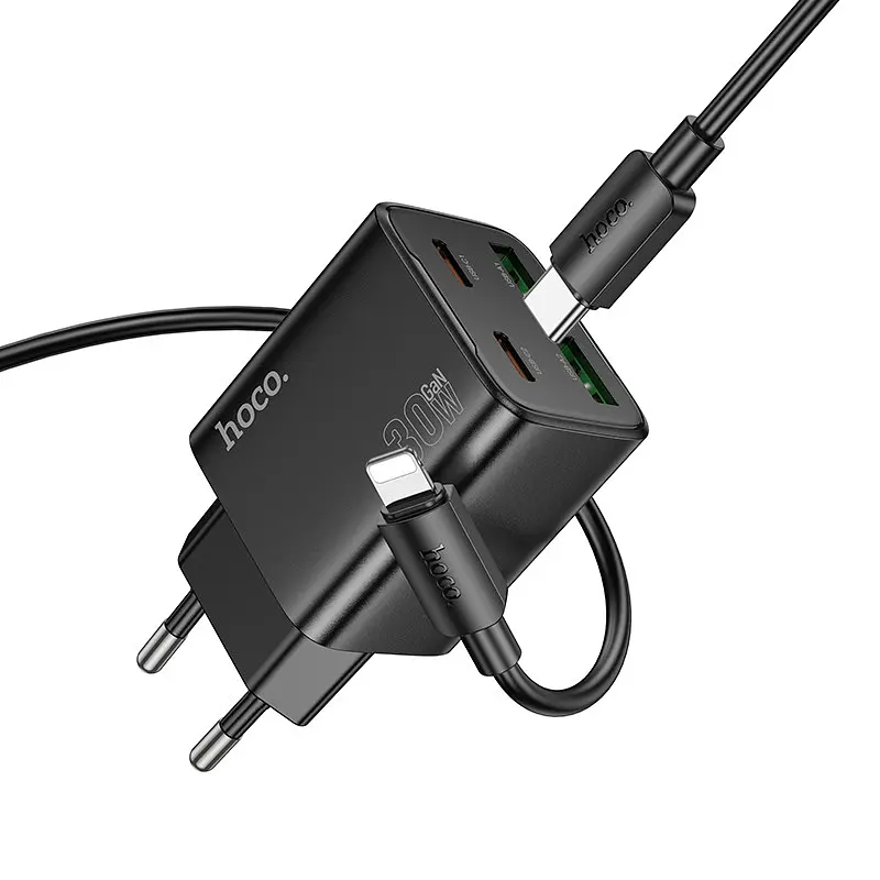МЗП Hoco N56 Fundador PD30W four-port (2USB-A/2C) + кабель Type-C to Lightning Black - фото 4