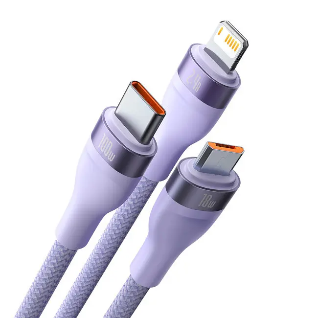 Кабель Baseus Flash Series Ⅱ 3-in-1 Cable USB to MicroUSB+Lightning+Type-C 100W 1.2m CASS030005 Purple - фото 2