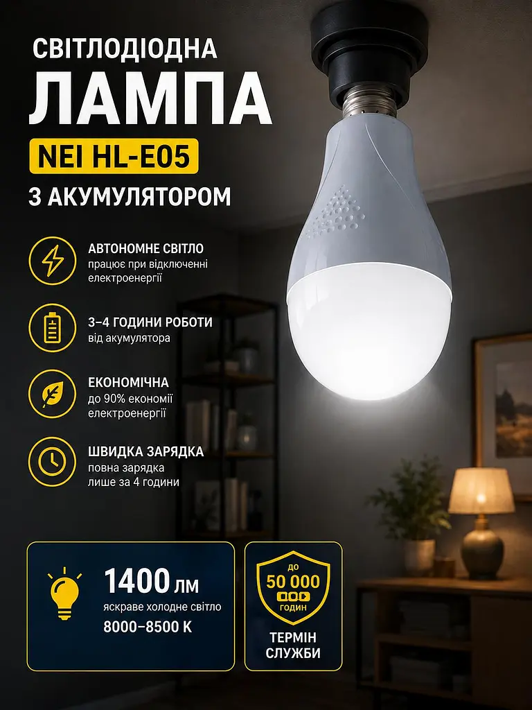 Лампа світлодіодна з акумулятором NEI HL-E05 Аварійна лампочка під патрон E27 із відсіком для батареї 2×18650 автономне освітлення електролампа для дачі кемпінгу гаража Білий - фото 3