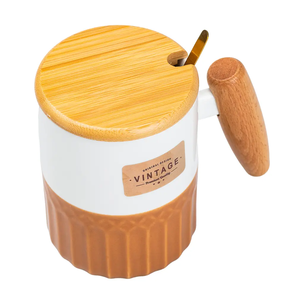 Чашка керамическая Happy Life Vintage с бамбуковой крышкой и ложкой оранжевая с белым 400 мл HP7204BR - фото 3