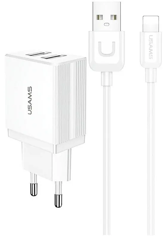 Мережевий зарядний пристрій Usams T21 KiT T24 double USB-A 2.1A with U Turn Lightning cable Білий