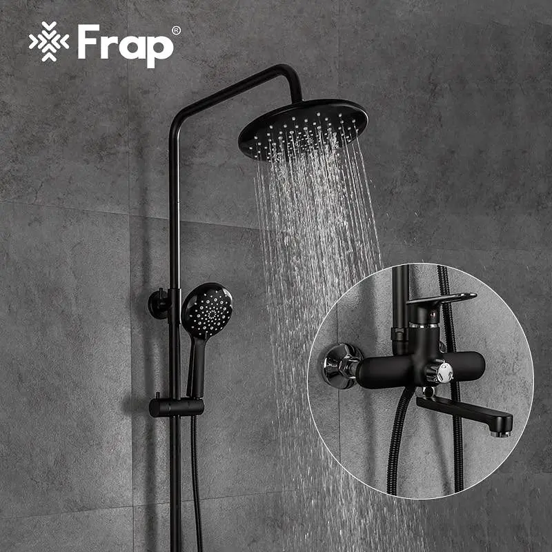 Душова система Frap F2449-6, поворотний вилив - перемикач на лійку, 3 режими, чорний/хром, Чорний матовий - фото 2