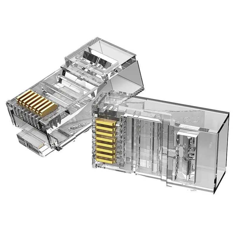 Модульные штекеры для витой пары Vention 100 шт. коннекторы RJ45 Cat.6 UTP для жил 23–26 AWG для однопроволочных и многопроволочных жил диаметр канала для жилы 1,1 мм трёхзубые позолоченные контакты прозрачные (IDDR0-100)