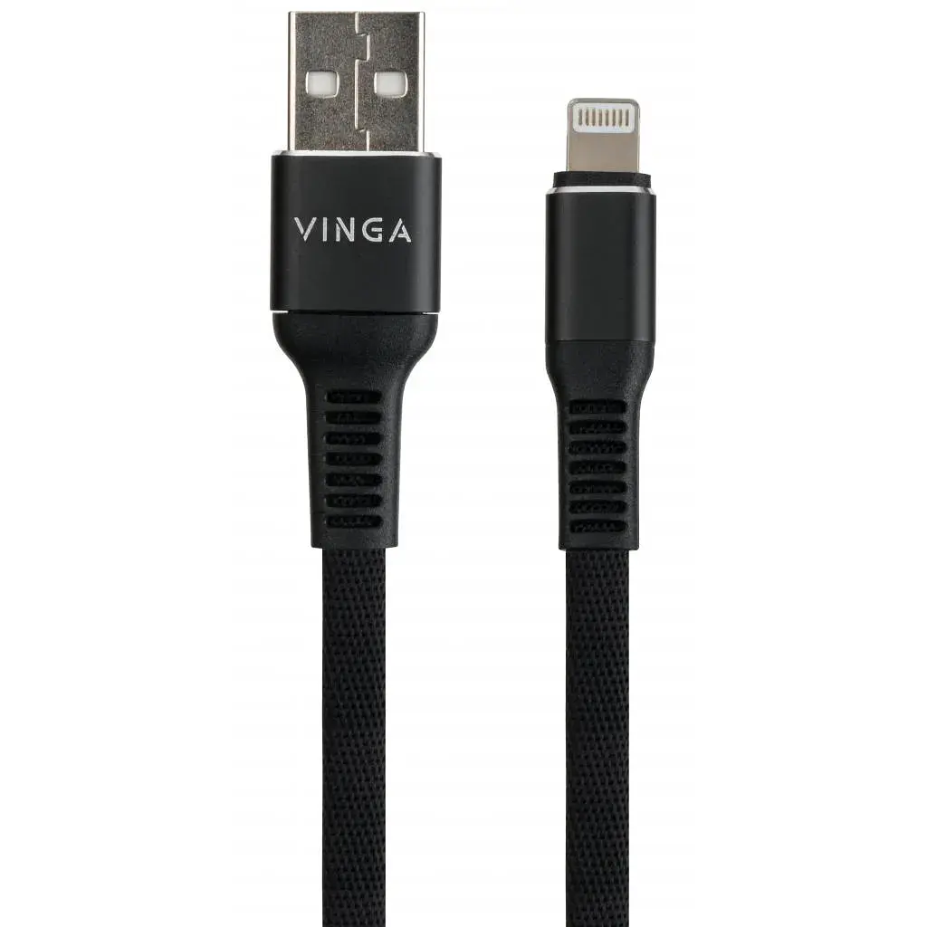 Дата кабель USB 2.0 AM to Lightning 1.0m flat nylon black Vinga (VCPDCLFNB1BK) - фото 2