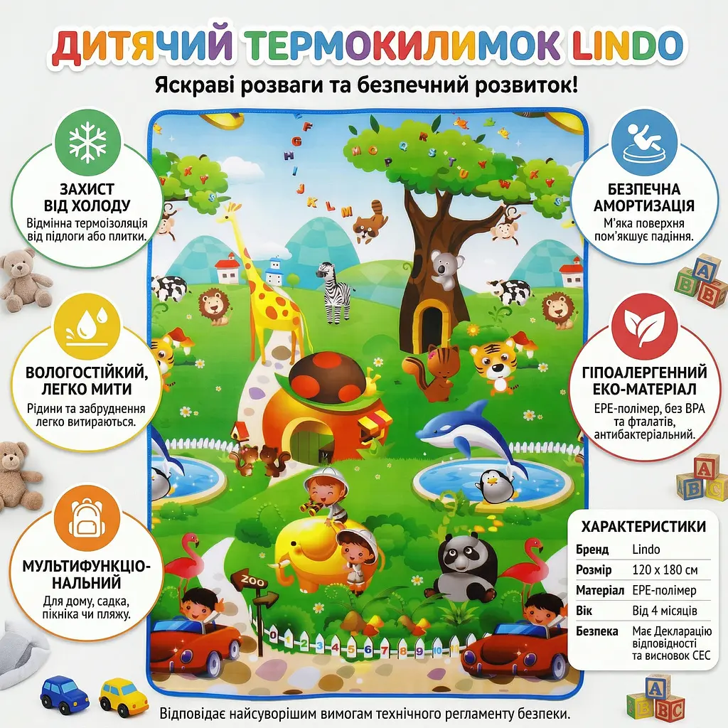 Килимок ігровий мультифункціональний Lindo "Звірі" двосторонній 120х180 см - фото 4