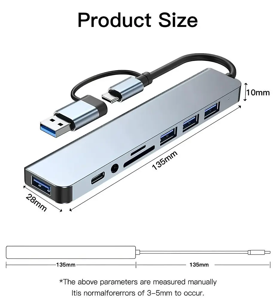 USB концентратор 8 в 1/USB хаб з 4 USB-портами, Type-C порт, TF/SD-картридер, аудіо вихід - фото 3
