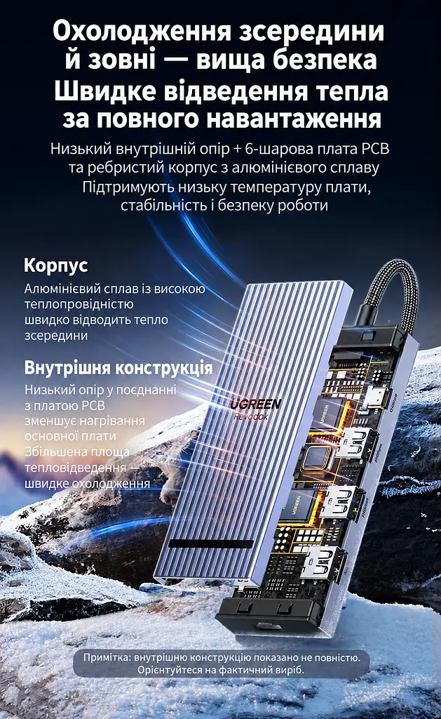 Док-станція USB-C UGREEN Revodok CM886 9 в 1 HDMI 2.0 до 4K 60 Гц 2K 144 Гц 1080p 240 Гц 2×USB-A та 1×USB-C до 10 Гбіт/с і 1×USB-A до 5 Гбіт/с Ethernet RJ45 до 2,5 Гбіт/с SD/microSD вхід USB-C PD 3.0 до 100 Вт заряджання ноутбука до 85 Вт HDMI потребує USB-C з відеовиходом заряджання потребує підтримки USB PD одночасне читання двох карт до 170 МБ/с Windows/macOS LED-індикатор ребристий алюмінієвий корпус вбудований кабель 30 см космічний сірий (55543) - фото 13