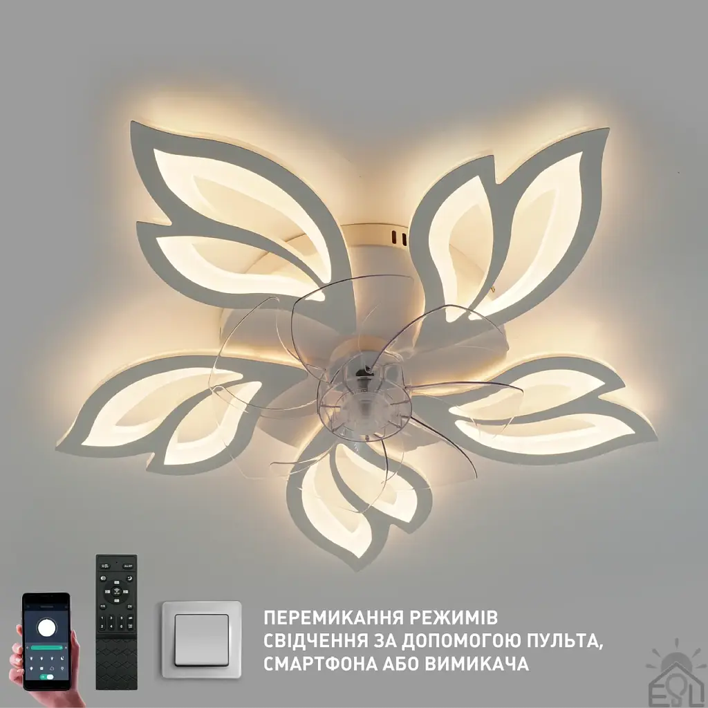 Керована світлодіодна люстра з вентилятором FAN ASTRA 85W+18W 5F-APP-680×120-WHITE/CLEAR-220-IP20 ESLLSE - фото 6