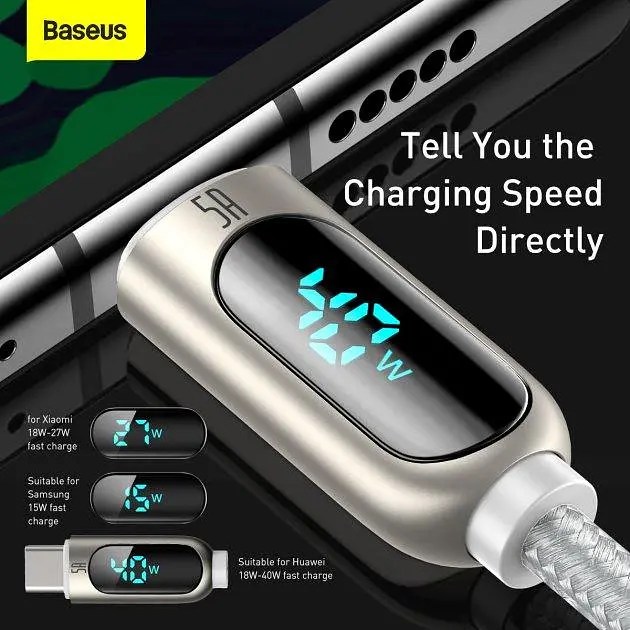 Кабель Baseus Display Fast Charging Cable USB to Type-C 5A 1m CATSK-02 White - фото 7