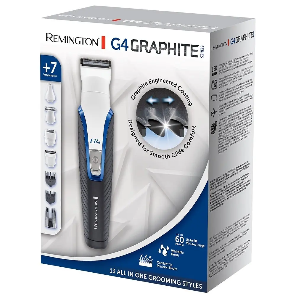 Набір для стрижки Remington G4 Graphite series, для бороди, вусів, голови, носа і тіла, мережа+акум., насадок-7, сталь, чорно-білий - фото 4