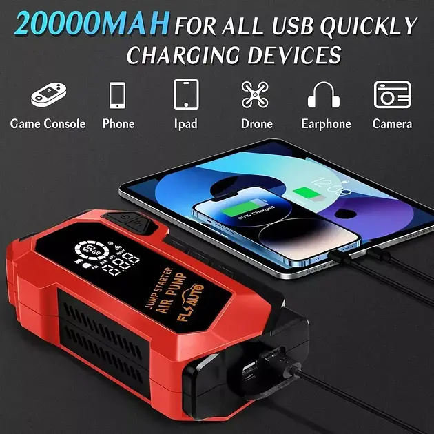 Пускозарядний пристрій Jump StaRter для автомобіля 2000мАч з компресором (Червоний) - фото 4