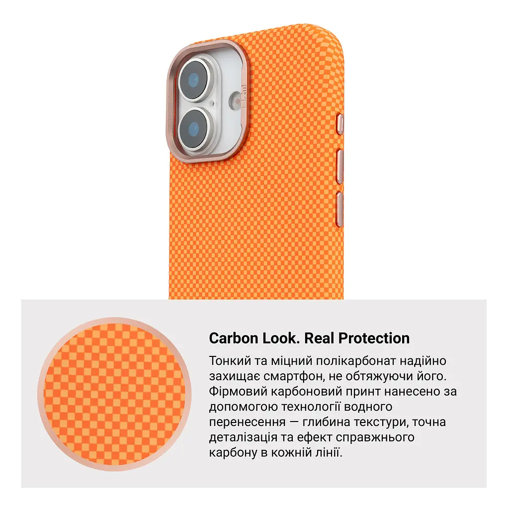 Карбоновый чехол для Apple iPhone 17, LikeCarbon2 SE MagCase, оранжевый, тонкий защитный чехол-панель из поликарбоната с магнитами N52, MagSafe, противоударный, совместим с беспроводной зарядкой, приподнятые края для защиты камеры - фото 7
