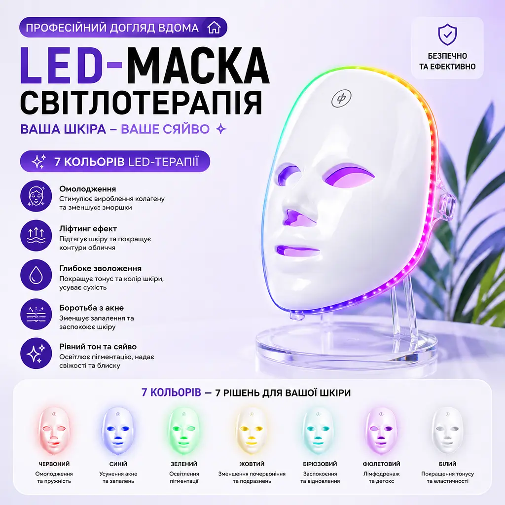 LED-маска для обличчя 7 в 1 бездротова фототерапія - омолодження та лікування акне - фото 7