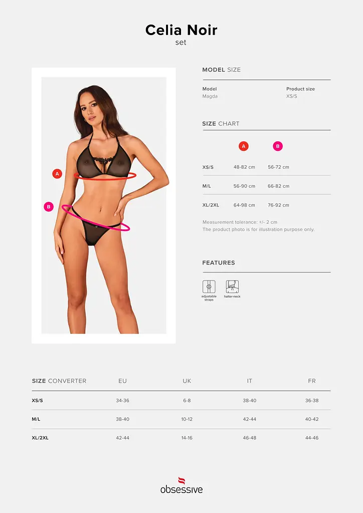 Напівпрозорий комплект Obsessive Celia Noir 2-pcs set XS/S, бюстгальтер, стрінги - фото 5