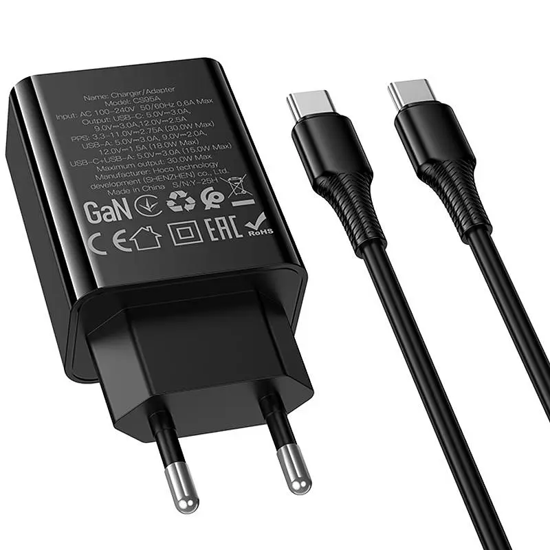 СЗУ Hoco CS95A Leader PD30W+QC3.0 (1USB-A/1C) + кабель Type-C to Type-C Black - фото 6