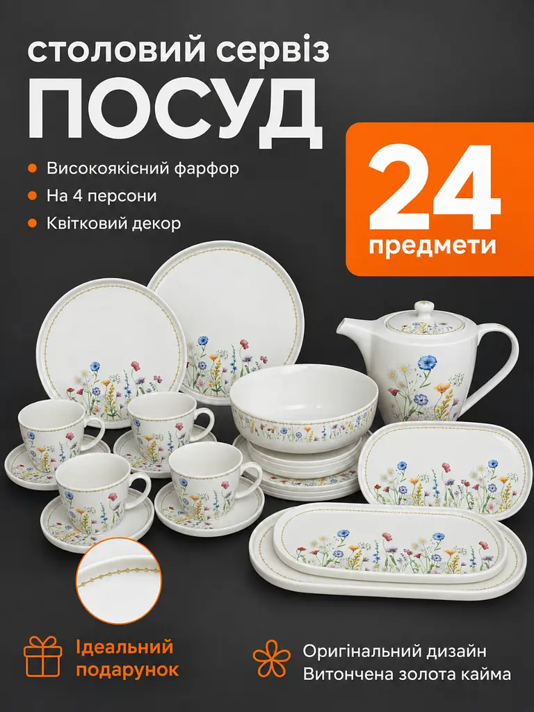 Столовий сервіз порцеляновий 24 предмети на 4 персони з чайником Білий з квітковим принтом (37261986) - фото 2