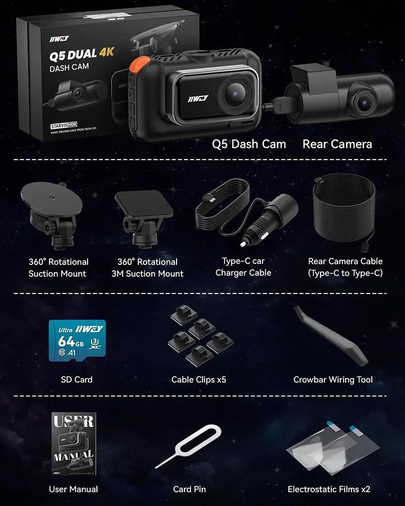 Двухканальная камера IIWEY 4K Dash Cam спереди сзади, 3-дюймовый IPS-экран, 5G Wi-Fi 64GB SD-карта в комплекте, 4K 2160P - фото 2