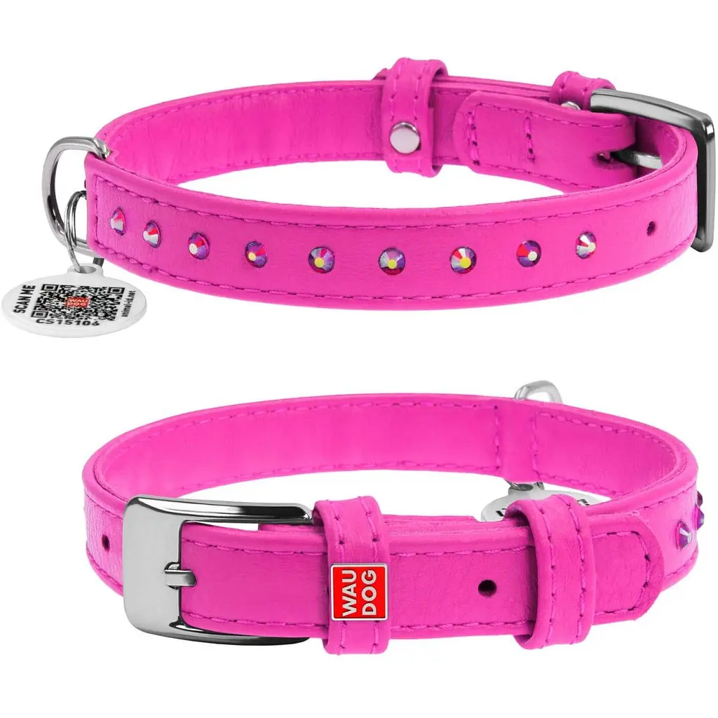 Нашийник для собак Waudog Glamour, шкіряний, зі стразами, з QR паспортом, S, 21-29х1,2 см, рожевий - фото 3