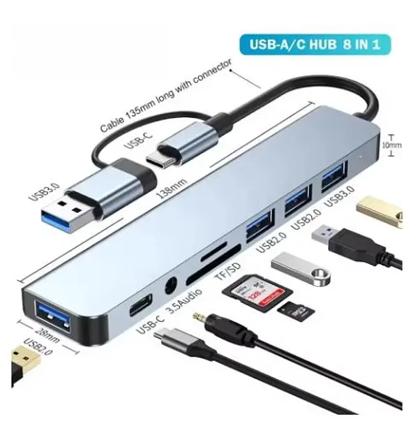 Мультифункціональний USB-хаб 8 в 1, універсальний адаптер, концентратор із входом Type-C, кардрідер, HDTV+PD+USB 3.0+SD+TF+Type-C - фото 2