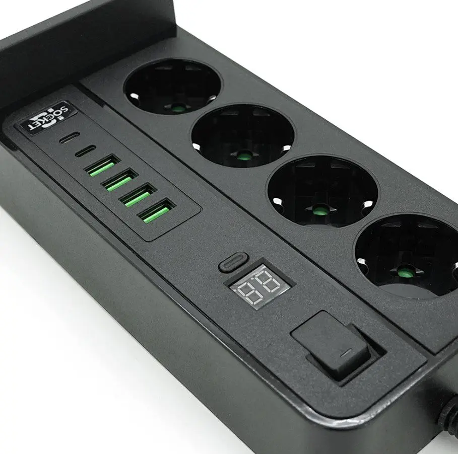 Сетевой фильтр-удлинитель Voltronic G-12H, 4 Socket+4 USB 3,2А+2 Type-C +беспроводная зарядка +таймер, 2м, Black - фото 2